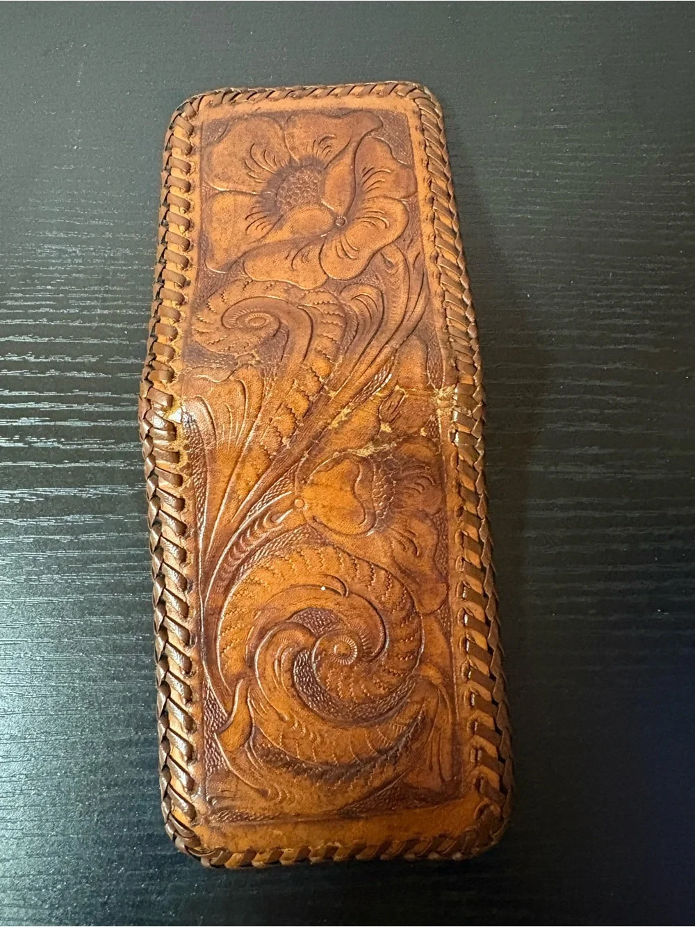 Hand Tooled Brown Leather Bifold Wallet Floral Western Braided Edge